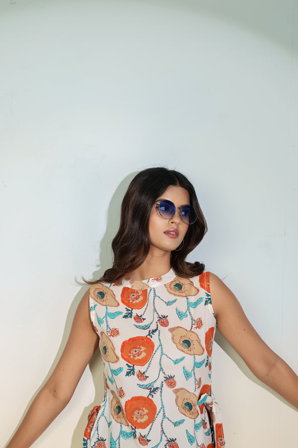 Beige Floral Sleeveless Tie-Up Top