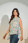 Aqua Floral Sleeveless Tie-Up Top