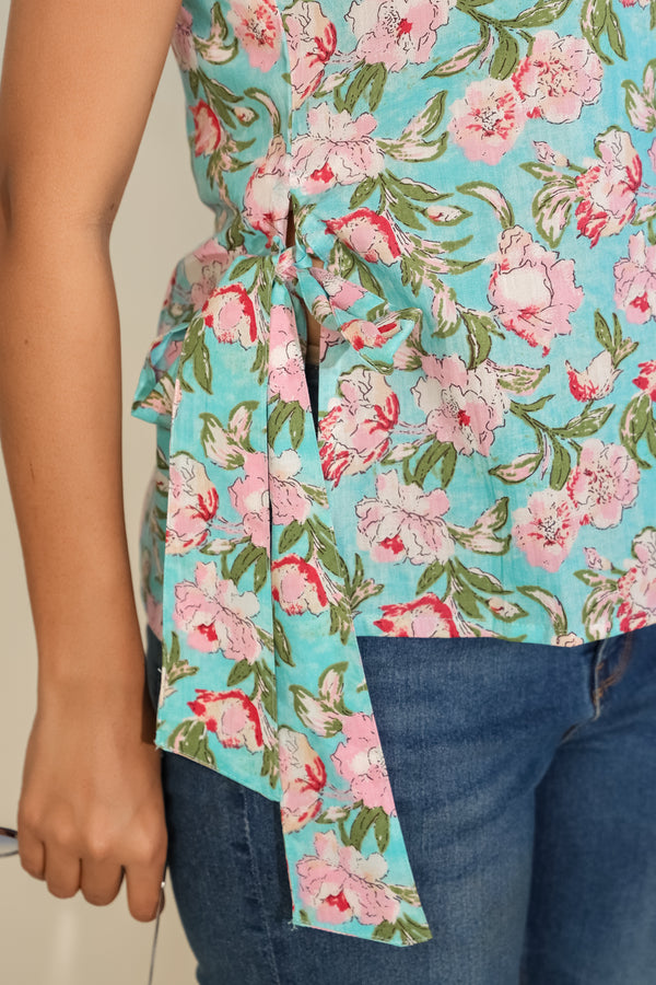 Aqua Floral Sleeveless Tie-Up Top