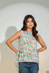 Aqua Floral Sleeveless Tie-Up Top