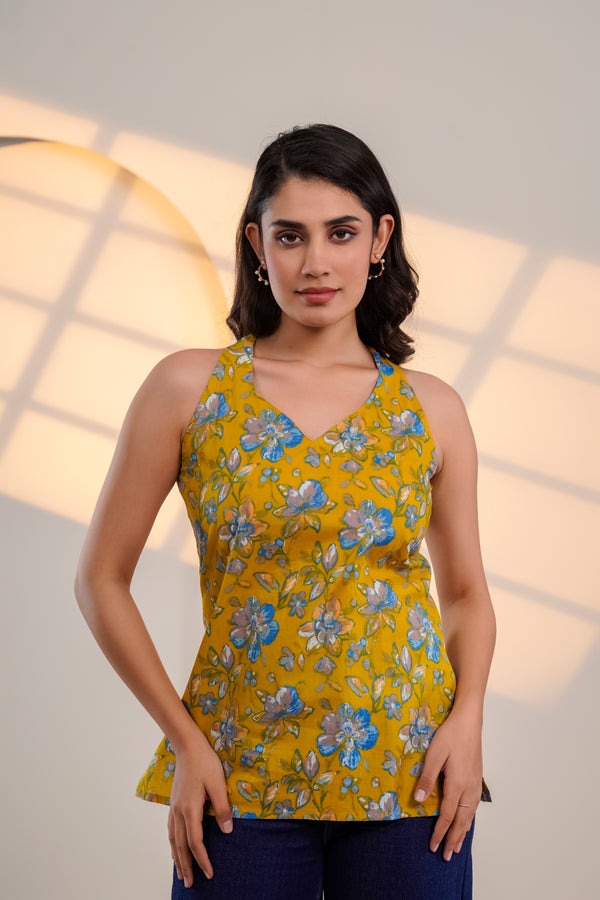 Mustard Yellow Floral Printed Sleeveless Top