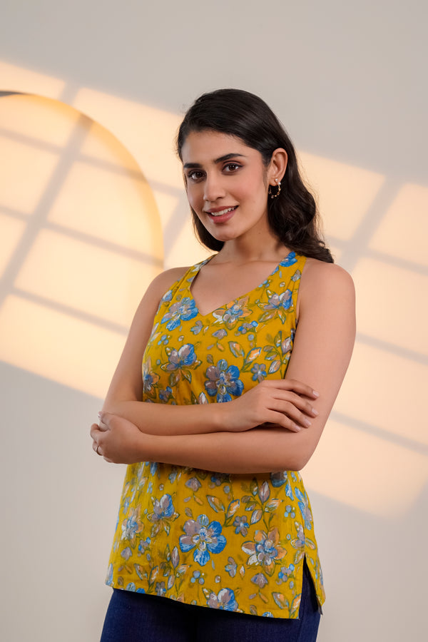 Mustard Yellow Floral Printed Sleeveless Top