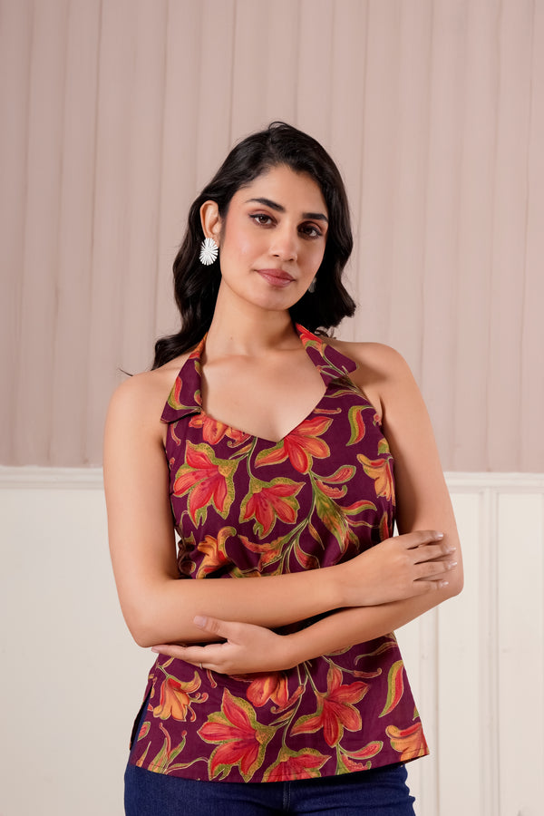 Maroon Floral Halter Neck Top