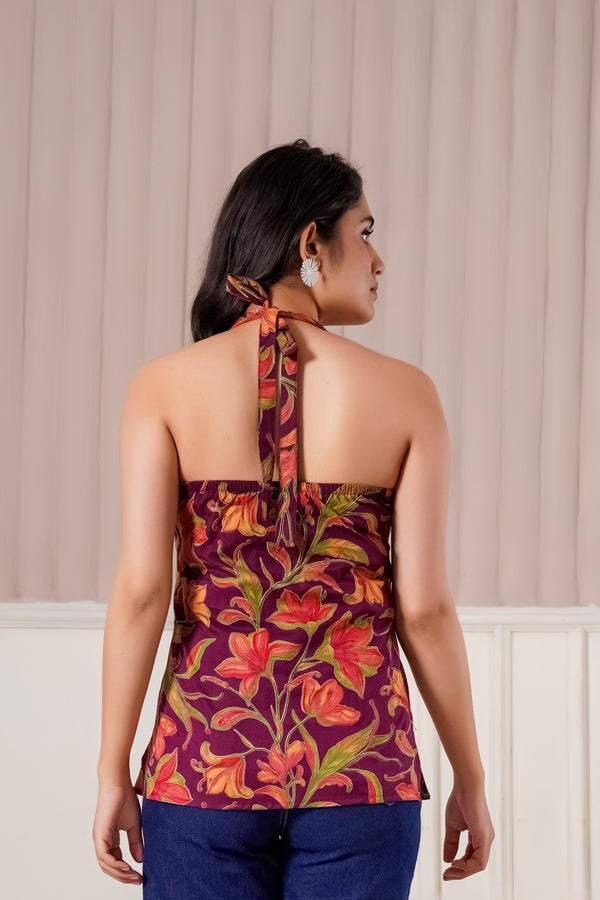 Maroon Floral Halter Neck Top