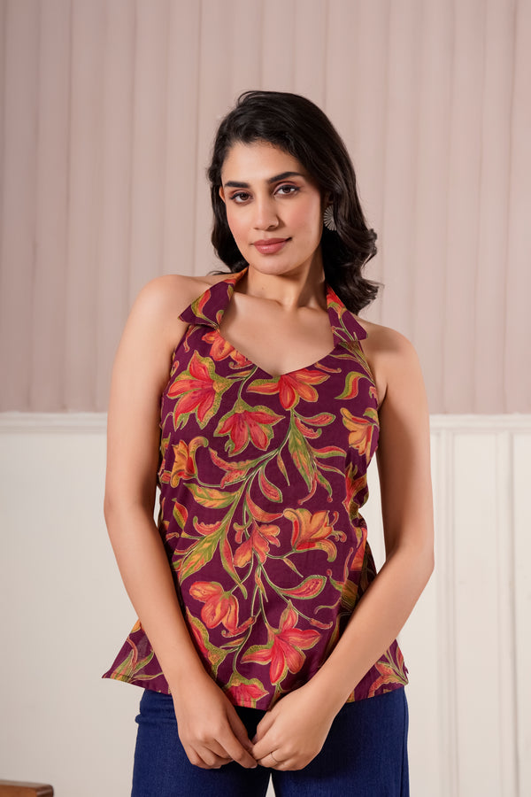 Maroon Floral Halter Neck Top