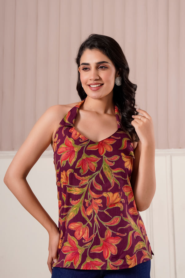 Maroon Floral Halter Neck Top