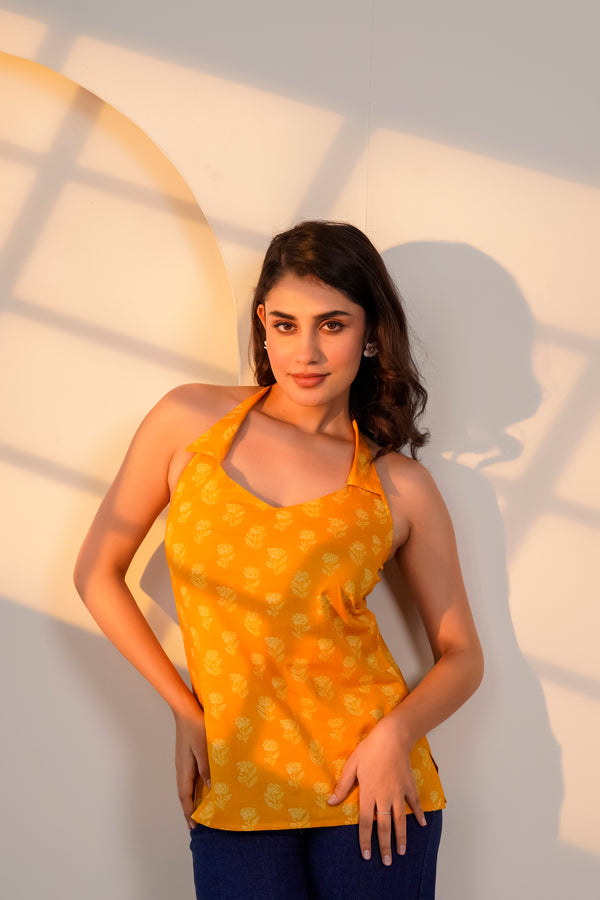Mustard Printed Halter Neck Top