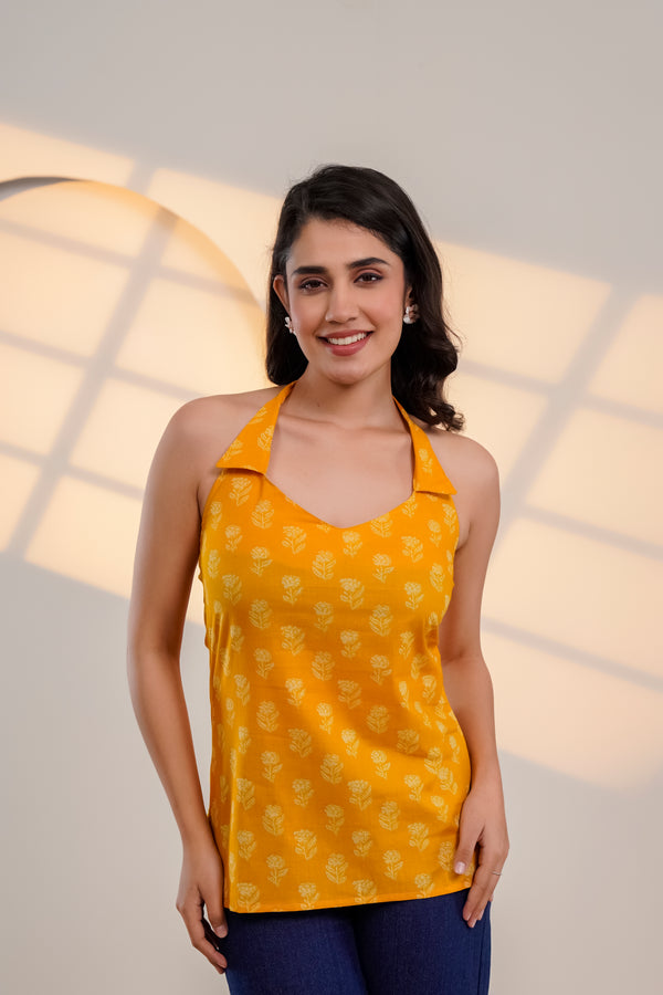 Mustard Printed Halter Neck Top
