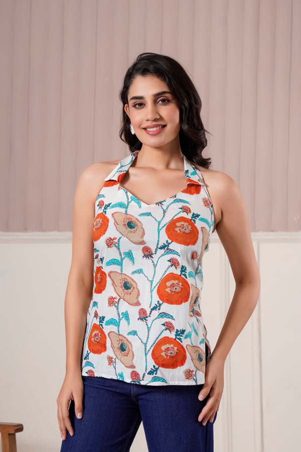 White Floral Halter Neck Top