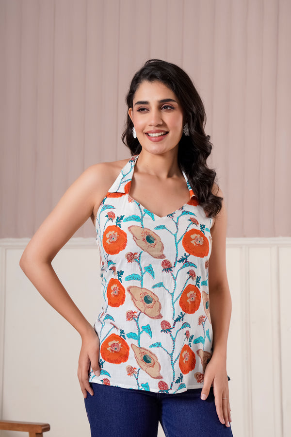 White Floral Halter Neck Top