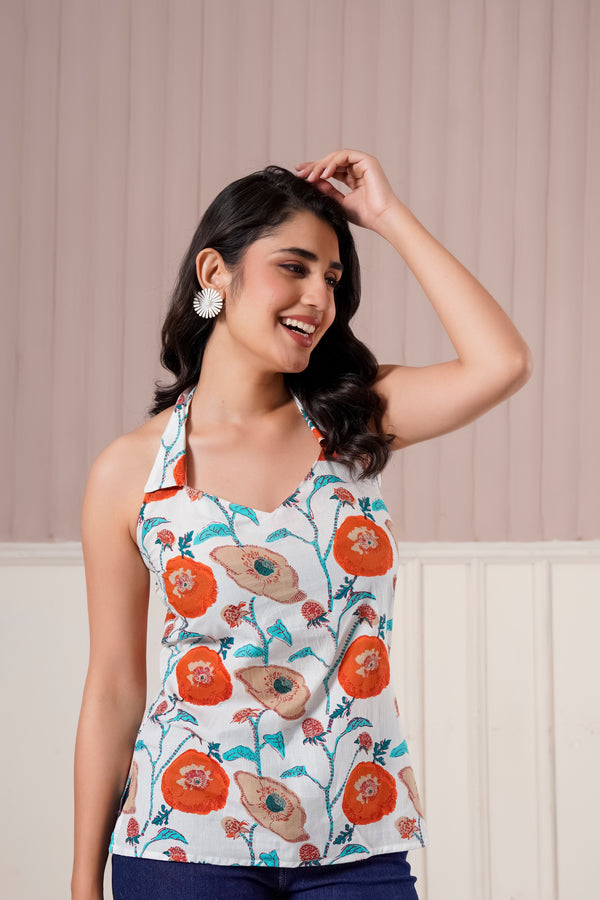 White Floral Halter Neck Top