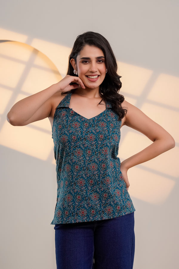 Teal Printed Halter Neck Top