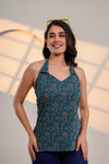 Teal Printed Halter Neck Top