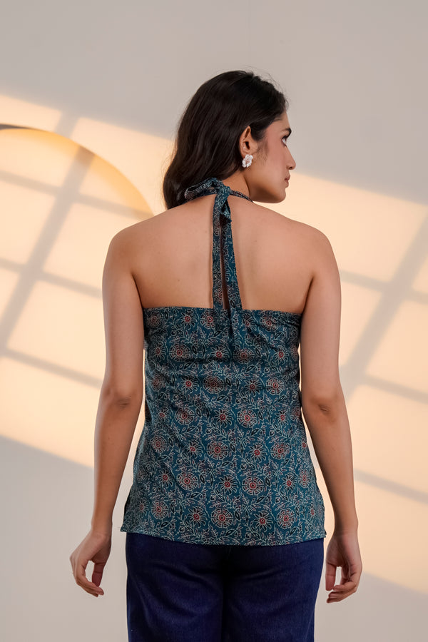 Teal Printed Halter Neck Top