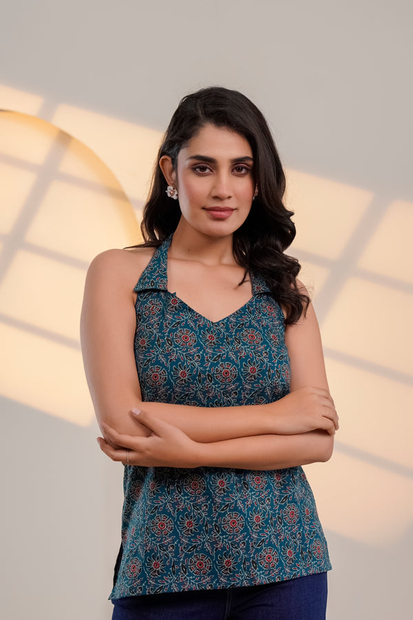Teal Printed Halter Neck Top