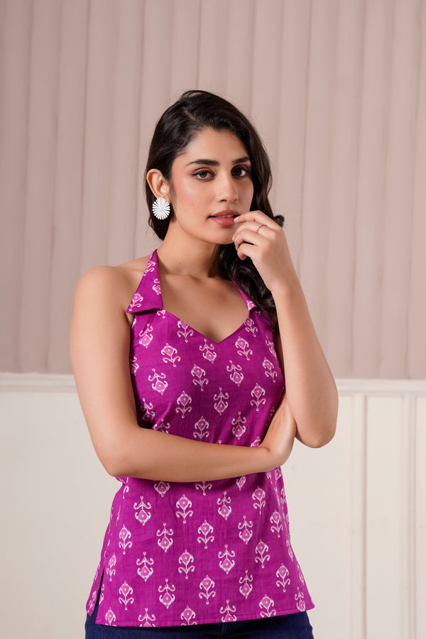 Magenta Printed Halter Neck Top