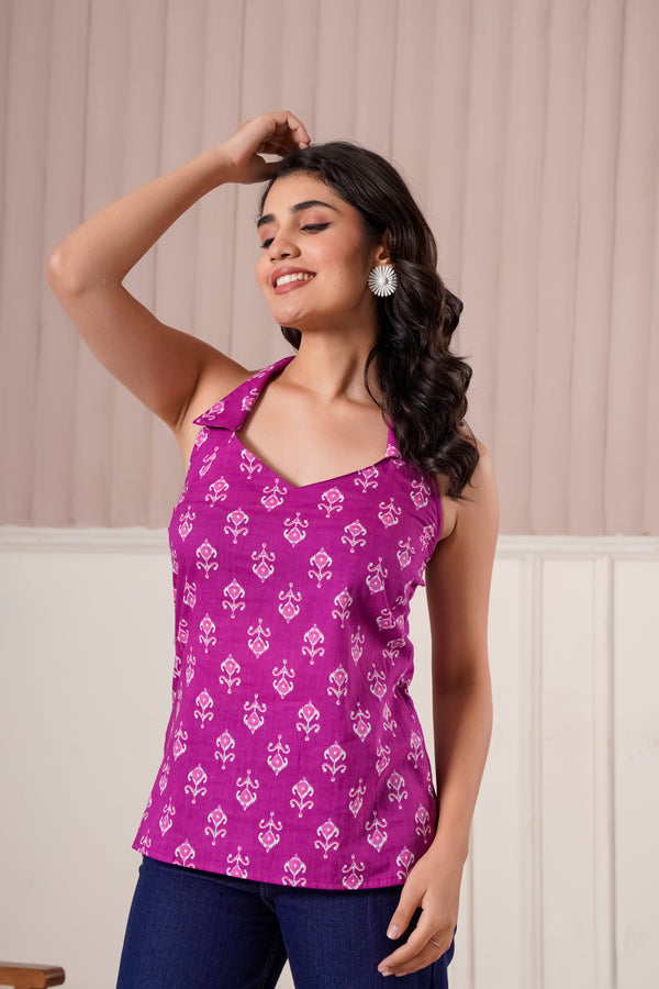Magenta Printed Halter Neck Top