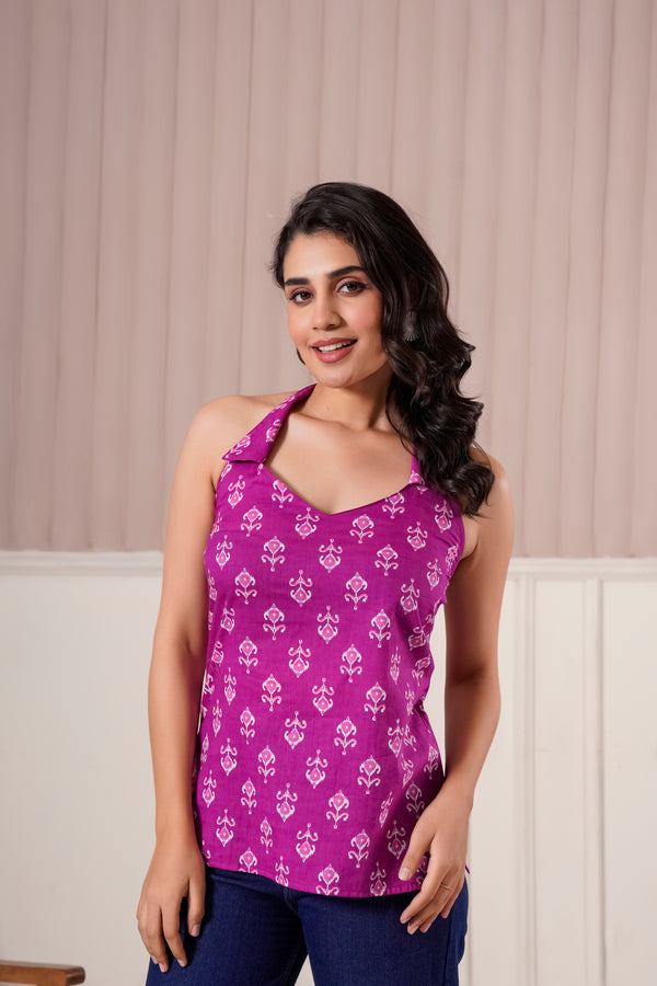 Magenta Printed Halter Neck Top