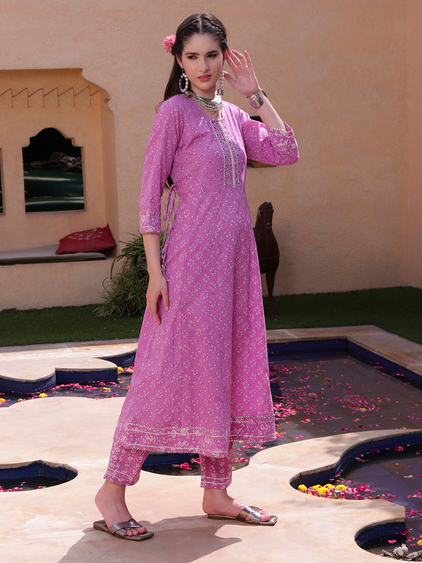 Purple Cotton Printed Anarkali Kurta Pant with Dupatta Set Ethnic Wear for Women