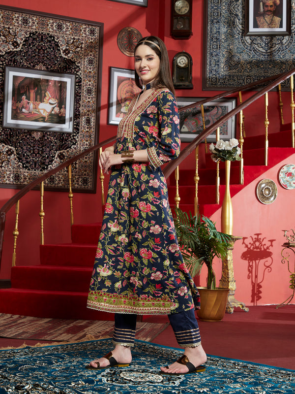 Midnight GraceNavy Blue Anarkali Kurta Pant with Dupatta SetEthnic Wear for Women