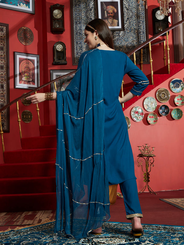 Azure Grace Blue Embroidered Rayon Kurta Pant with Dupatta SetEthnic Wear for Women