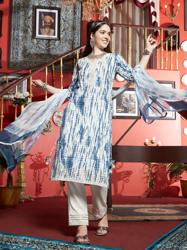 Serene Bloom White & Blue Cotton Printed Kurta Pant with Dupatta Set Ethnic Wear for Women