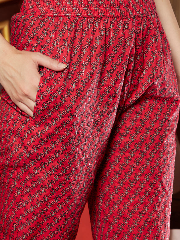 Maroon Cotton Printed Anarkali Kurta Pant with Dupatta Set Ethnic Wear for Women