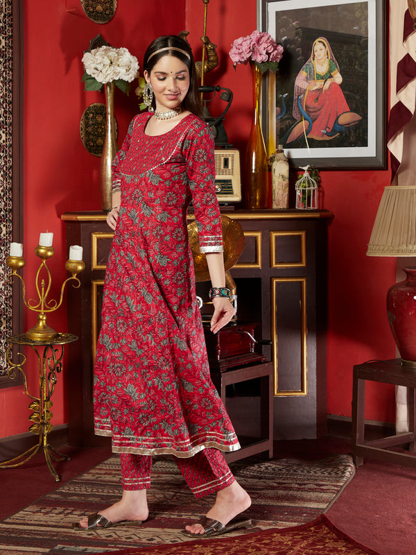 Maroon Cotton Printed Anarkali Kurta Pant with Dupatta Set Ethnic Wear for Women