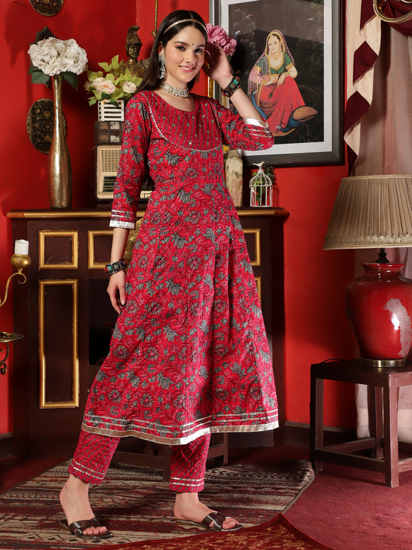 Maroon Cotton Printed Anarkali Kurta Pant with Dupatta Set Ethnic Wear for Women