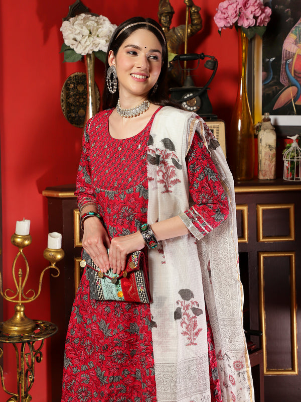 Maroon Cotton Printed Anarkali Kurta Pant with Dupatta Set Ethnic Wear for Women