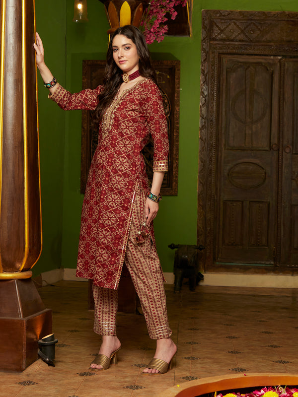 Crimson Canvas Abstract Printed Maroon Kurta Pant with Dupatta SetEthnic Wear for Women