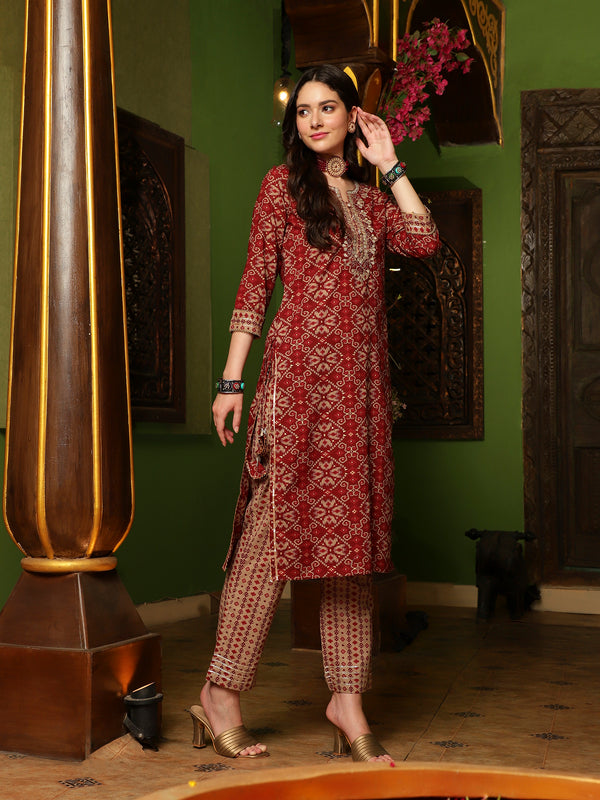 Crimson Canvas Abstract Printed Maroon Kurta Pant with Dupatta SetEthnic Wear for Women