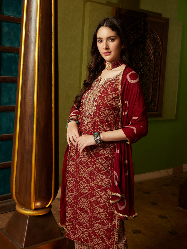 Crimson Canvas Abstract Printed Maroon Kurta Pant with Dupatta SetEthnic Wear for Women