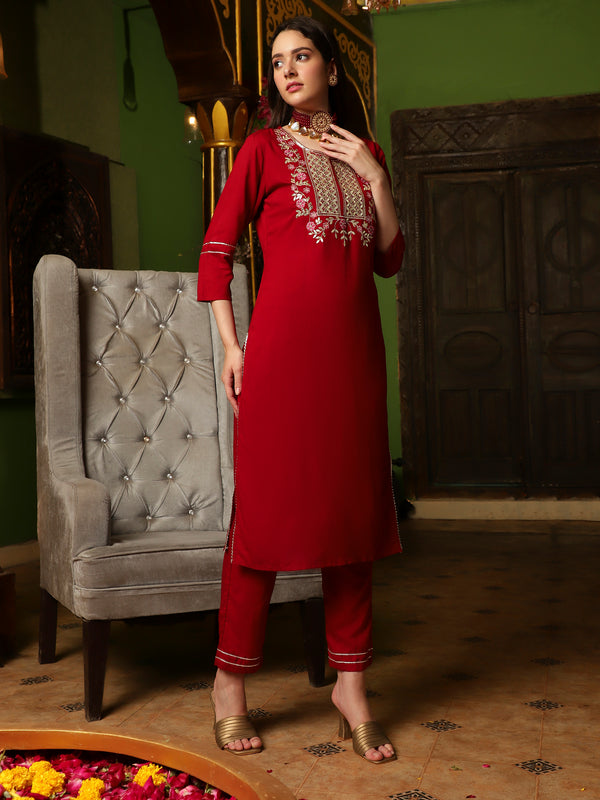 Crimson Aura Embroidered Kurta Pant with Dupatta Set Ethnic Wear for Women