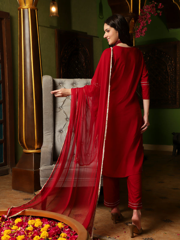 Crimson Aura Embroidered Kurta Pant with Dupatta Set Ethnic Wear for Women