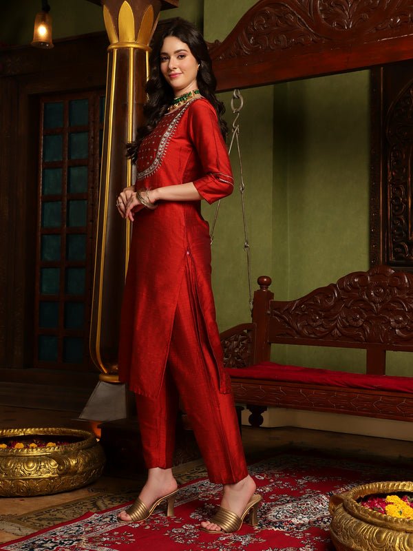 Ethnic Motif Embroidered Straight Zari Kurta & Trouser With Dupatta