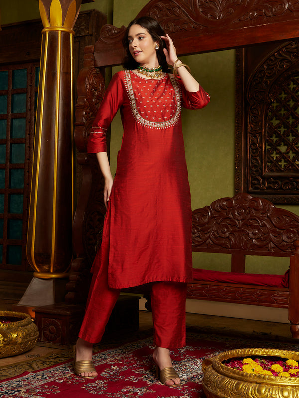 Ethnic Motif Embroidered Straight Zari Kurta & Trouser With Dupatta