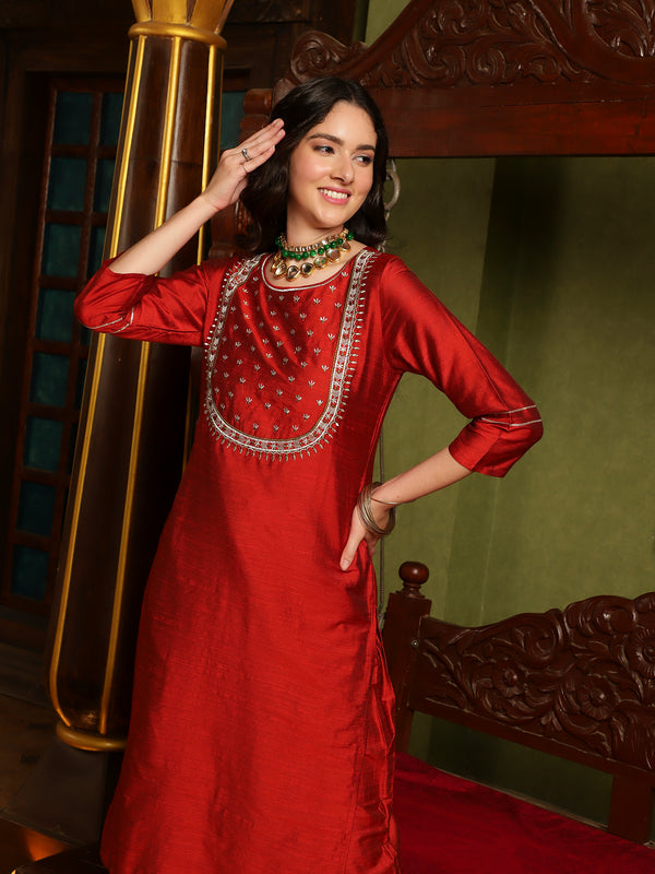 Ethnic Motif Embroidered Straight Zari Kurta & Trouser With Dupatta