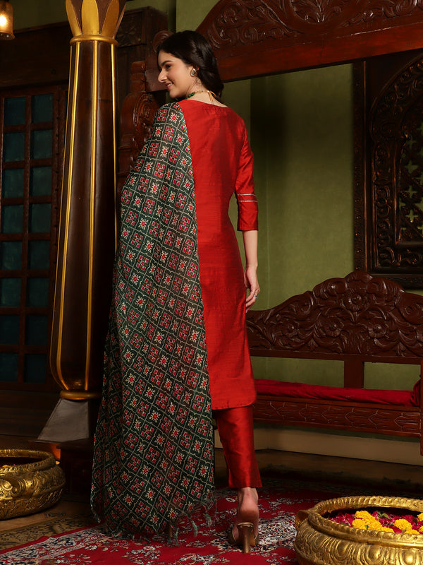 Ethnic Motif Embroidered Straight Zari Kurta & Trouser With Dupatta