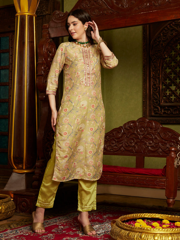 Mystic Yellow Floral Printed Kurta Pant with Dupatta Set Ethnic Wear for Women