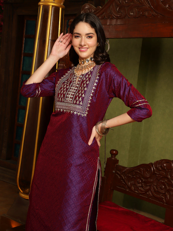 Majestic Mauve Silk Blend Kurta Pant With Dupatta Set