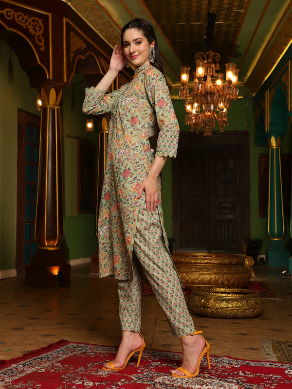 Sage SymphonyGreen Cotton Printed Kurta Pant Dupatta Set