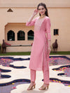 Pink Floral Embroidered Round Neck Mirror Work Kurta With Trouser & Dupatta