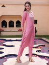 Pink Floral Embroidered Round Neck Mirror Work Kurta With Trouser & Dupatta