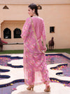 Pink Floral Embroidered Round Neck Mirror Work Kurta With Trouser & Dupatta
