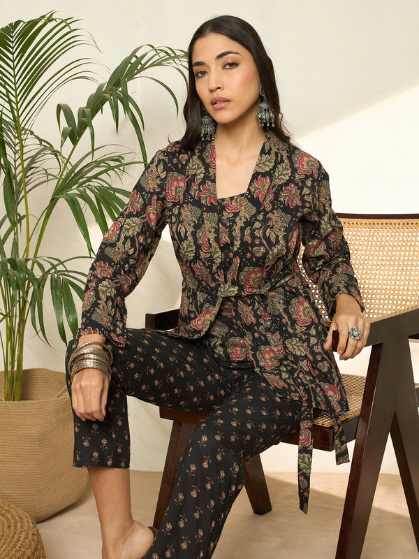 Gulzar Floral Printed Pure Cotton Top, Trousers & Shrug Co-Ord Set