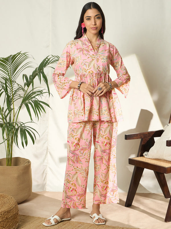 Ruhani Petalveil Floral Printed Pure Cotton V-Neck Tunic & Trouser Co-Ord Set
