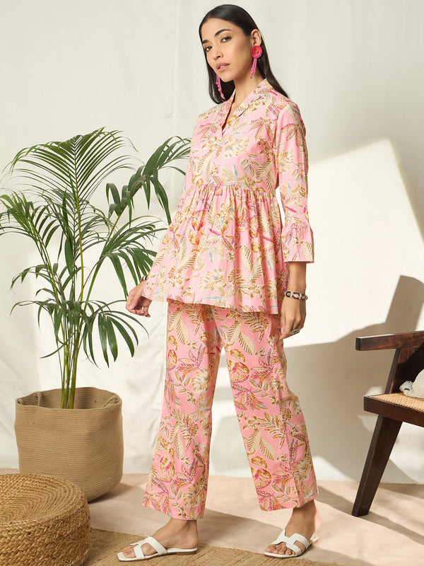 Ruhani Petalveil Floral Printed Pure Cotton V-Neck Tunic & Trouser Co-Ord Set