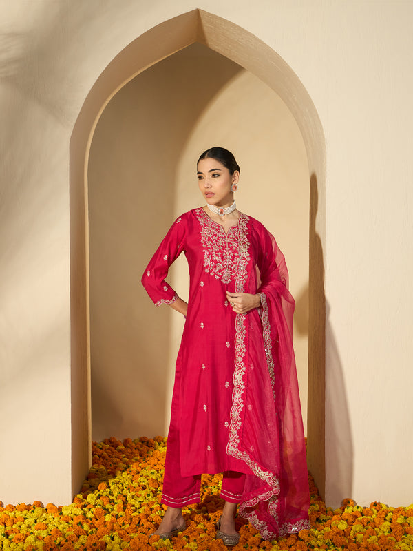 Floral Embroidered Notch Neck Zari Straight Kurta With Trouser & Dupatta