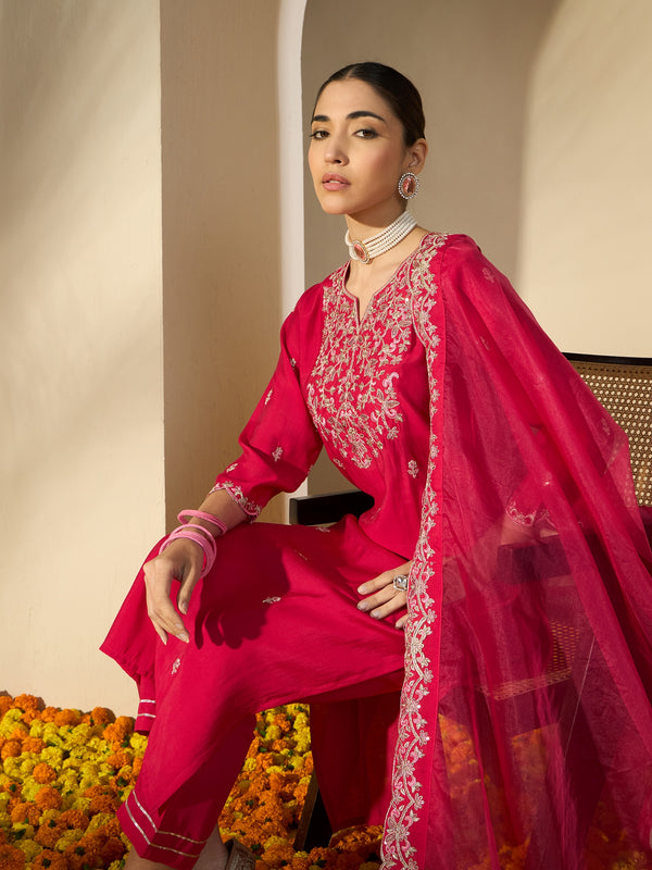 Floral Embroidered Notch Neck Zari Straight Kurta With Trouser & Dupatta